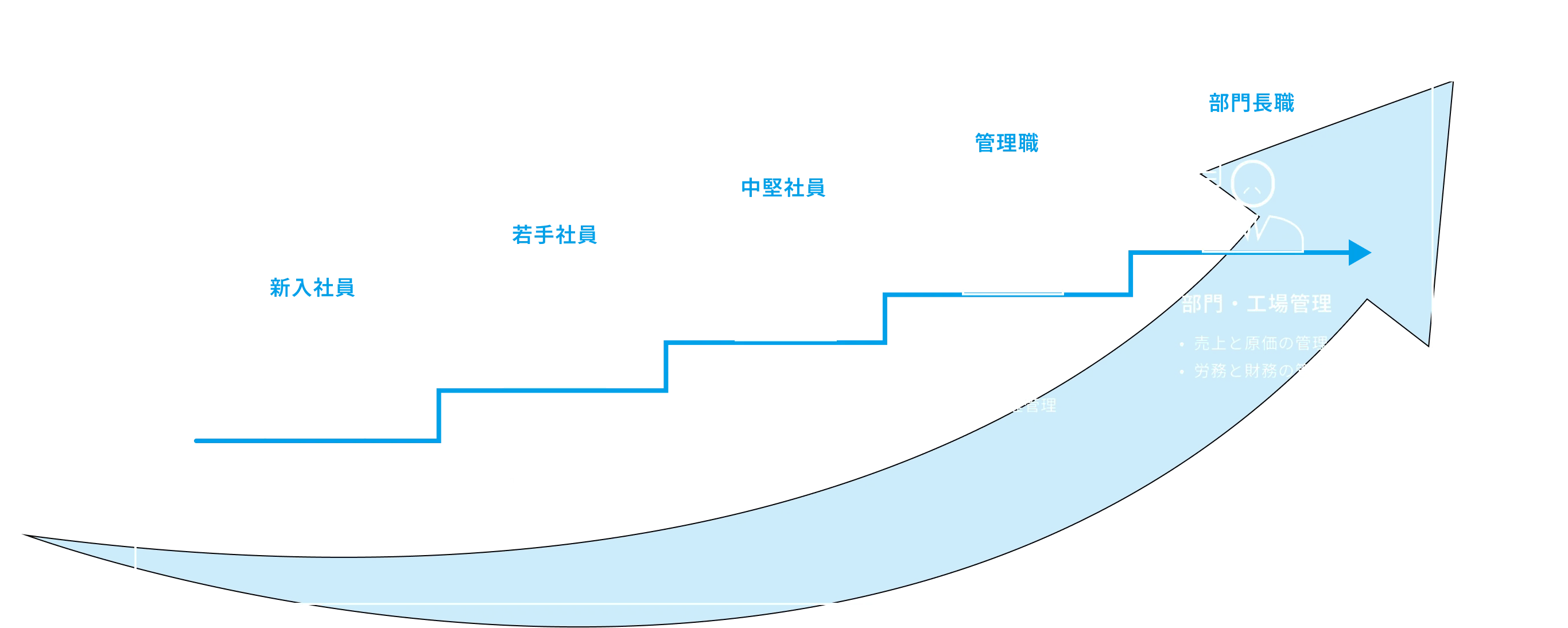 新入社員:『基礎習得』・新人研修 若手社員:『応用・後輩指導』・若手社員研修・資格取得 中堅社員:『実戦経験』・販路拡大・技術取得 管理職:『チーム管理』・予算管理・工程管理 部門長職:『部門・工場管理』・売上と原価の管理・労務と財務の管理